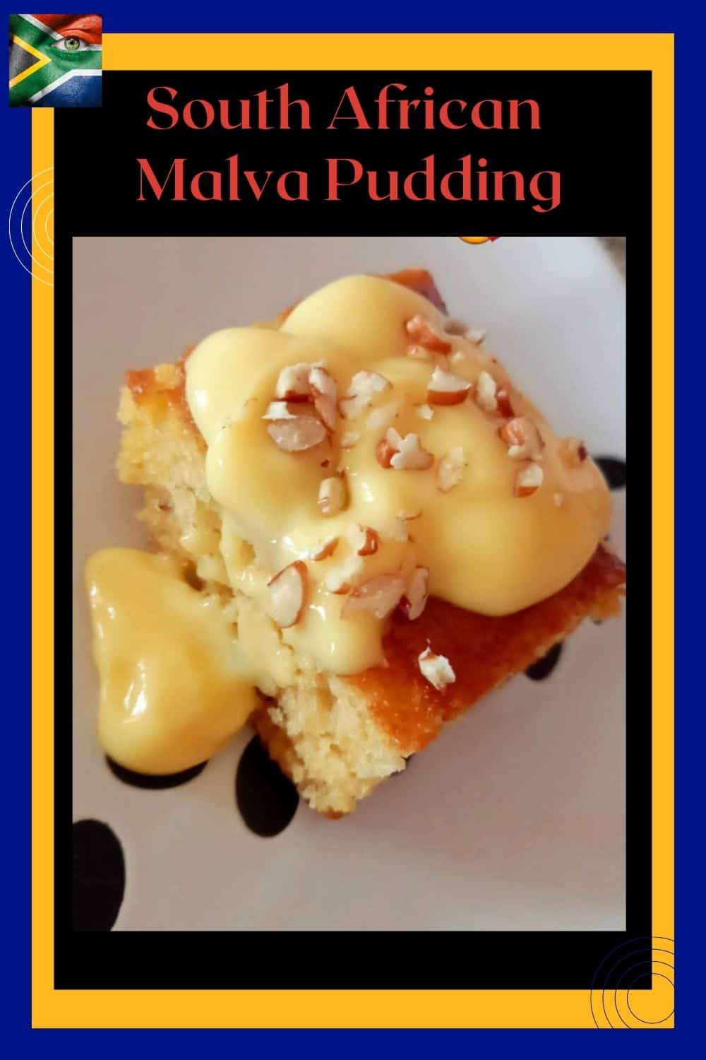 An image of a block of South African Malva Pudding with custard and nuts
