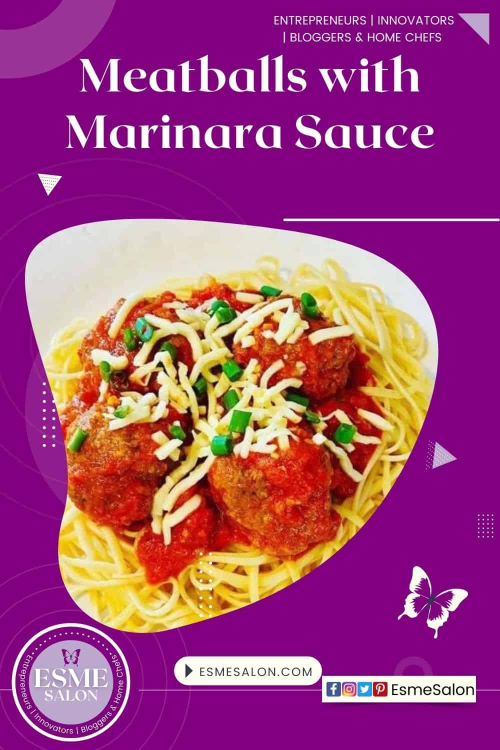 An image of a plate of pasta topped with meatballs and marinara sauce