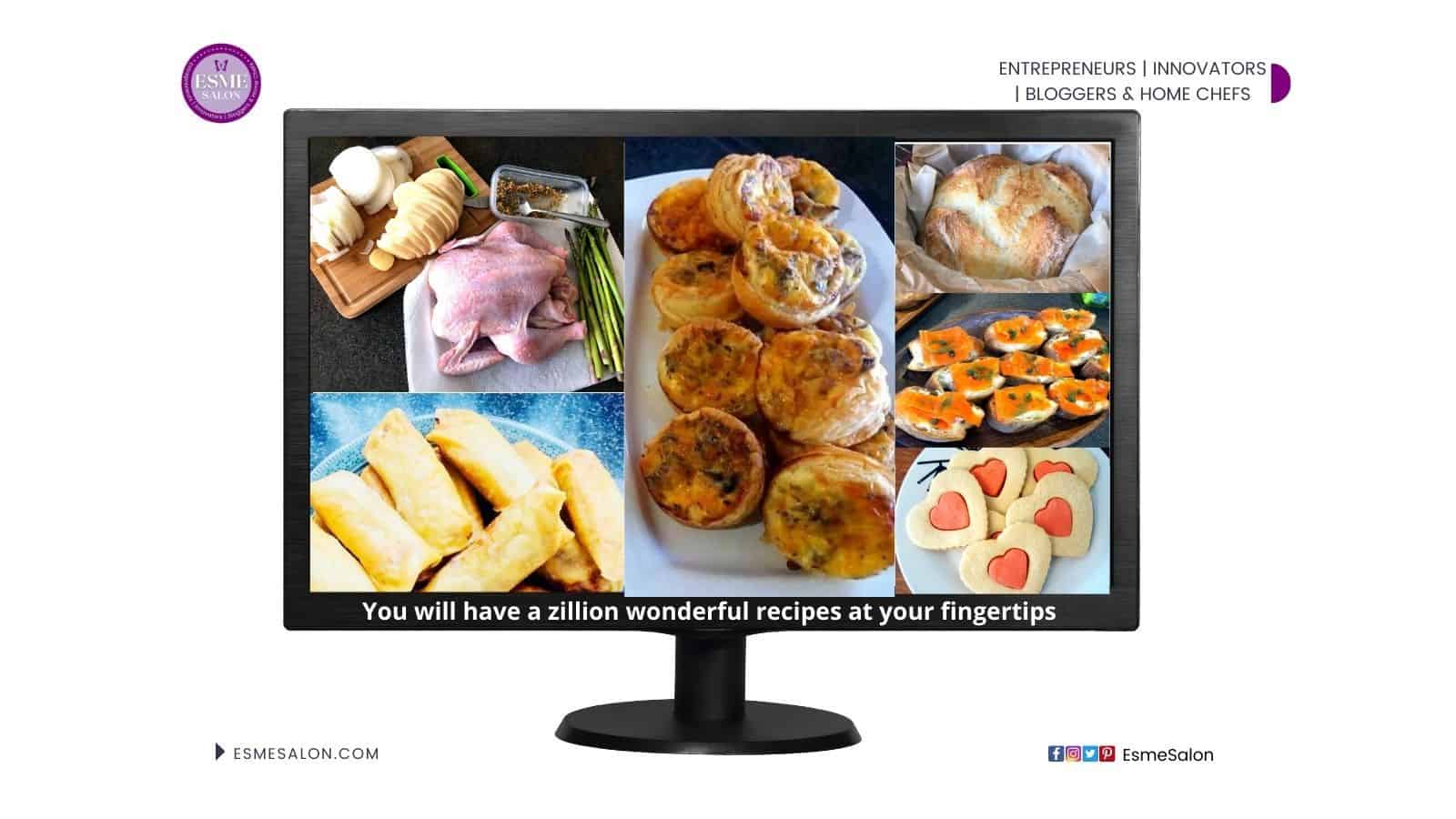 An image of a computer screen with various food pictures, fresh chicken, pastires, heart cookies and vegan lox
