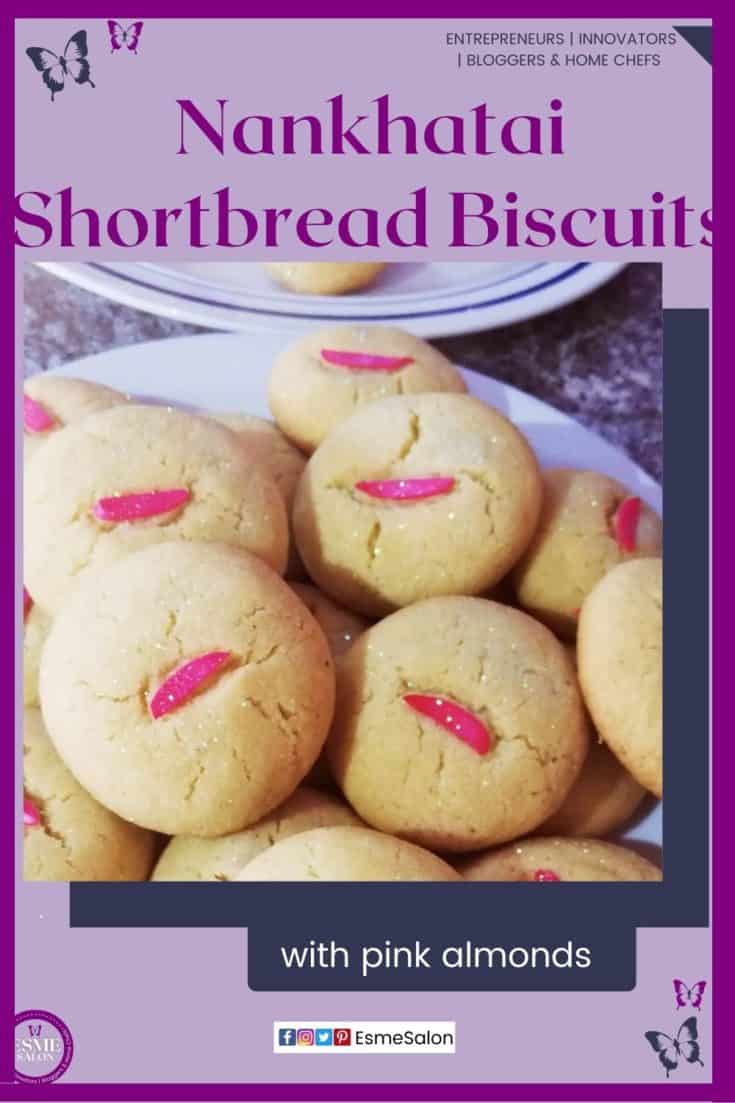 an image of Nankhatai Indian shortbread Biscuits with pink slivered almonds