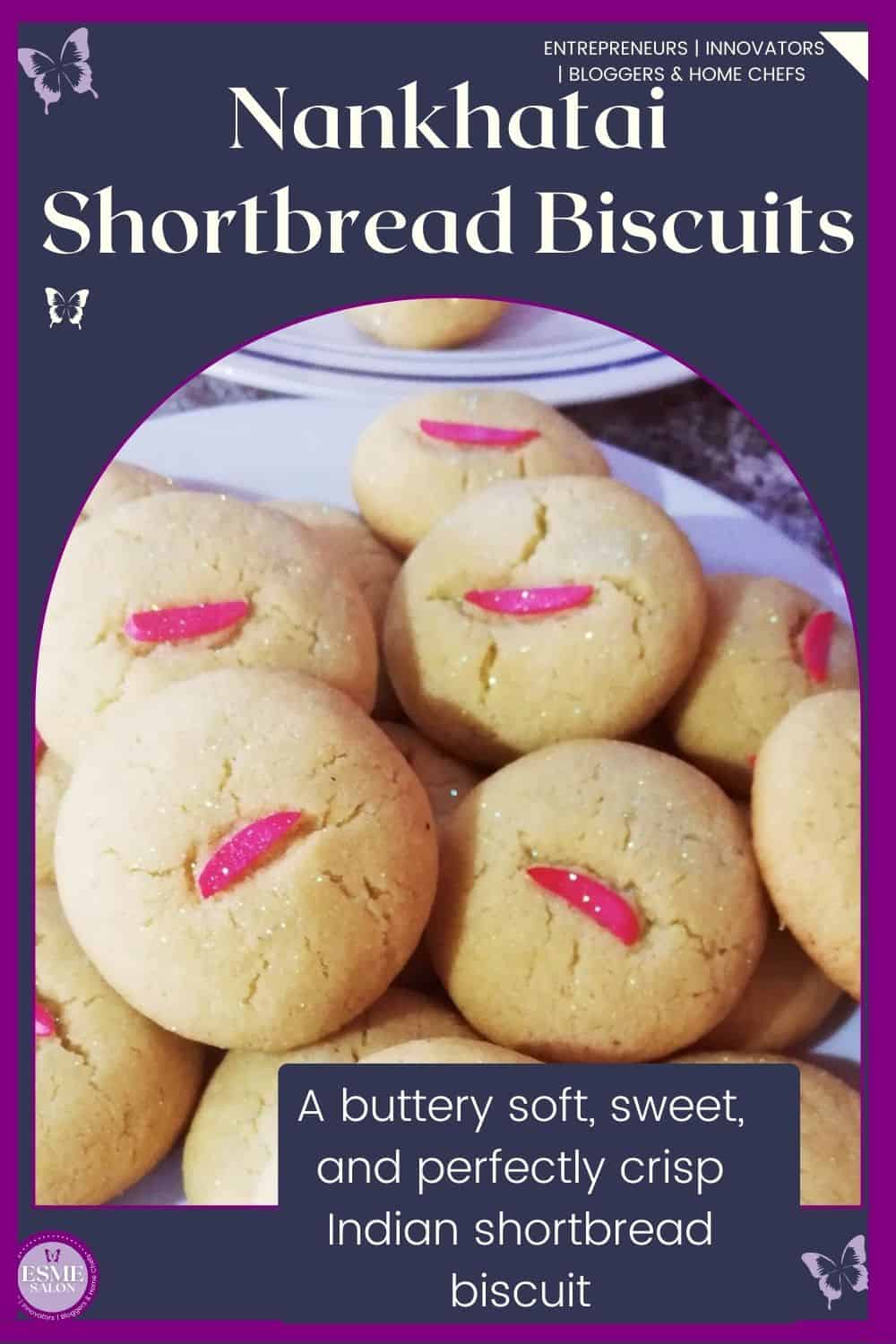 an image of Nankhatai Indian shortbread Biscuits with pink slivered almonds