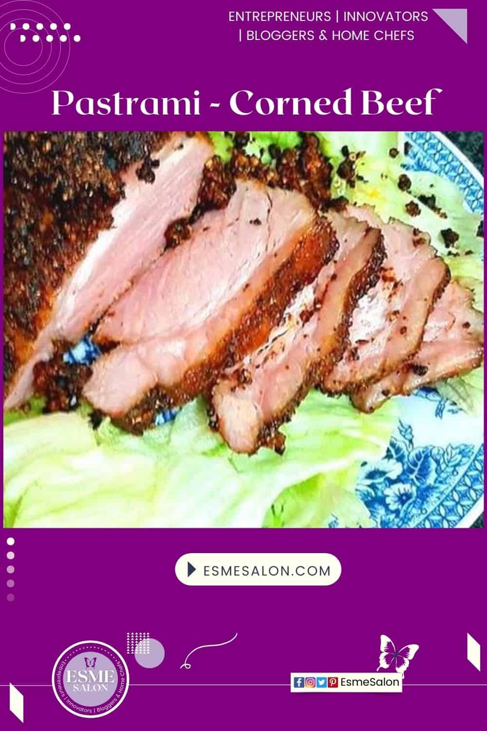 an image of sliced pastrami on a bed of lettuce