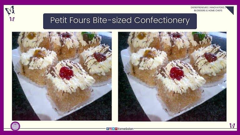 an image of white cubes of cake rolled in coconut and topped with cream and fruit as decoration and drizzled with chocolate