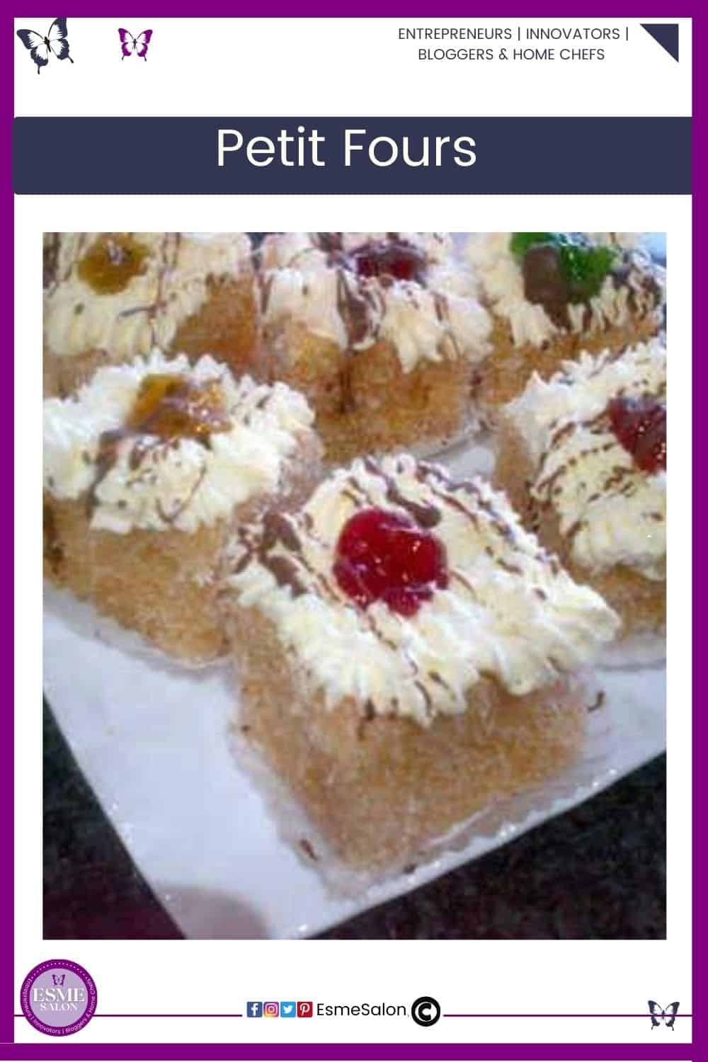 an image of white cubes of cake rolled in coconut and topped with cream and fruit as decoration and drizzled with chocolate