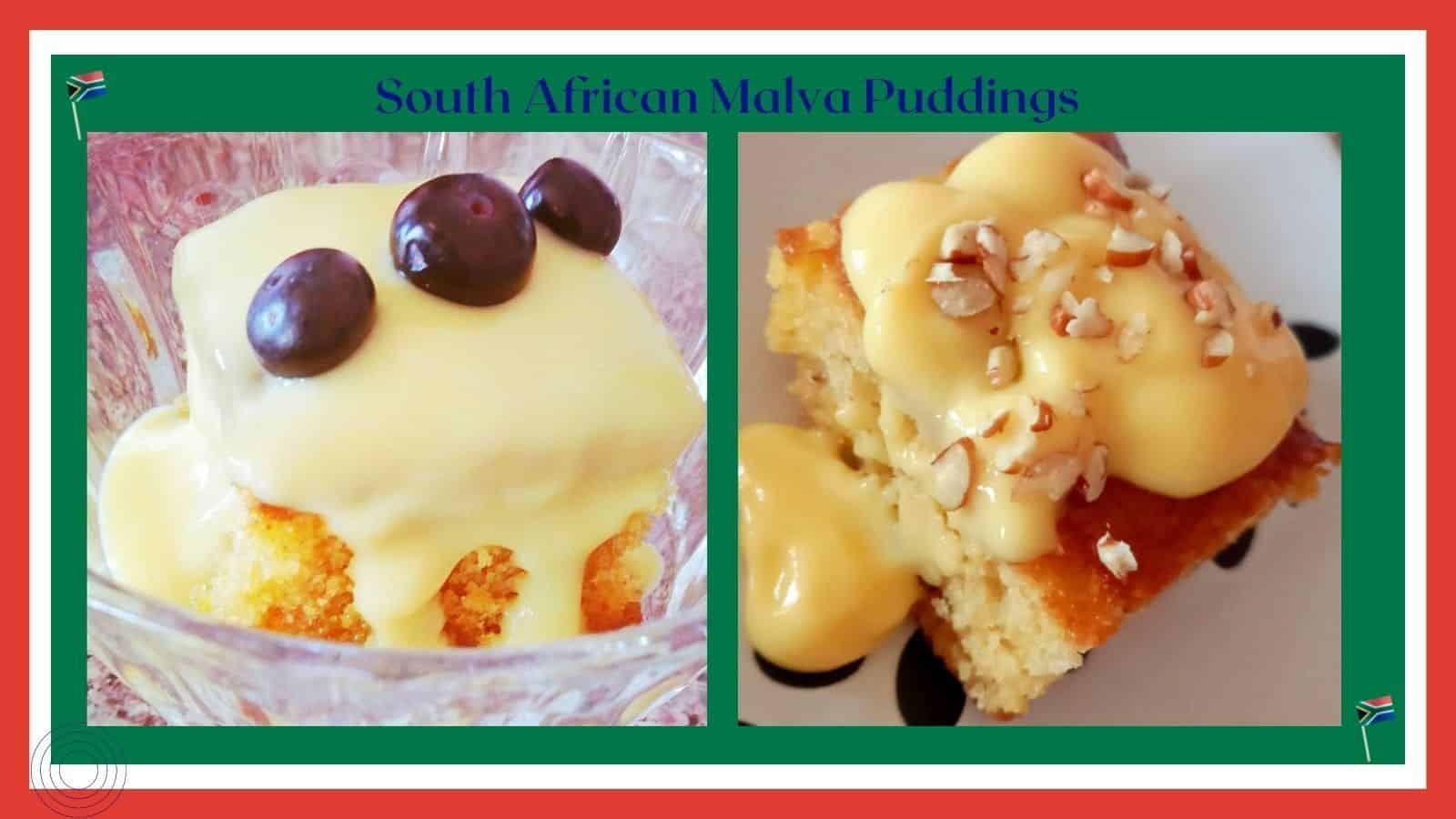 An image of a block of South African Malva Pudding with custard and nuts and one with berries