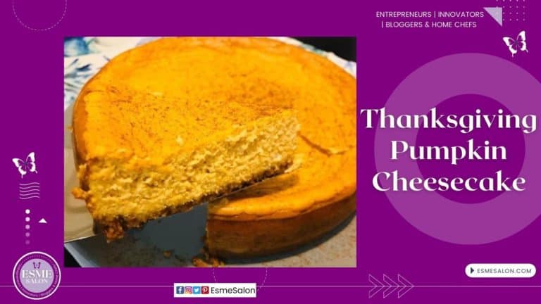 An image of a pumpkin cheesecake and one slice on a cake lifter
