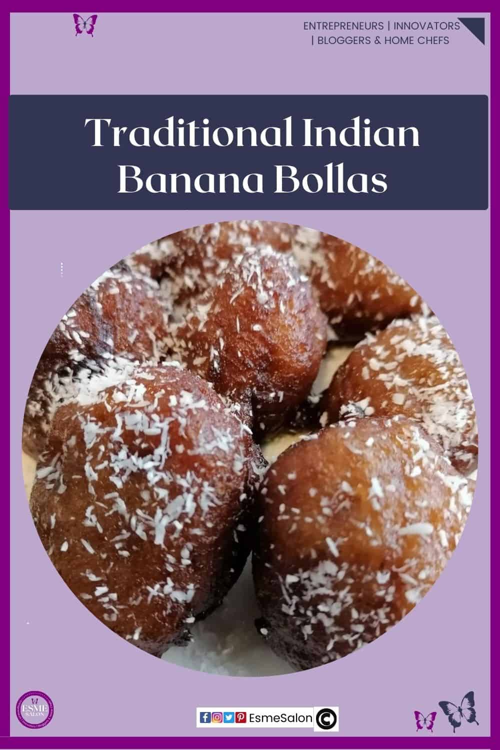 an image of a round banana fried fritter / bolla and dipped syrup and then covered in coconut
