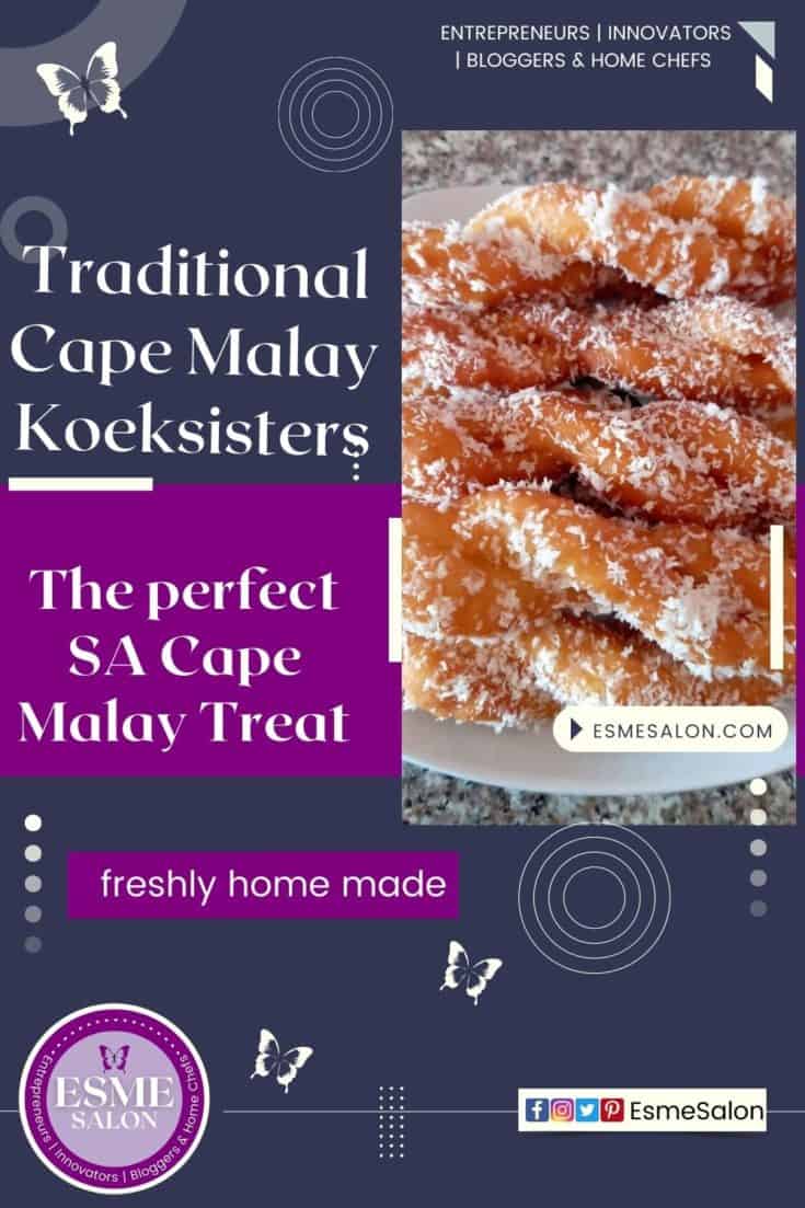 an image of Traditional Cape Malay Koeksisters twisted and dipped in coconut