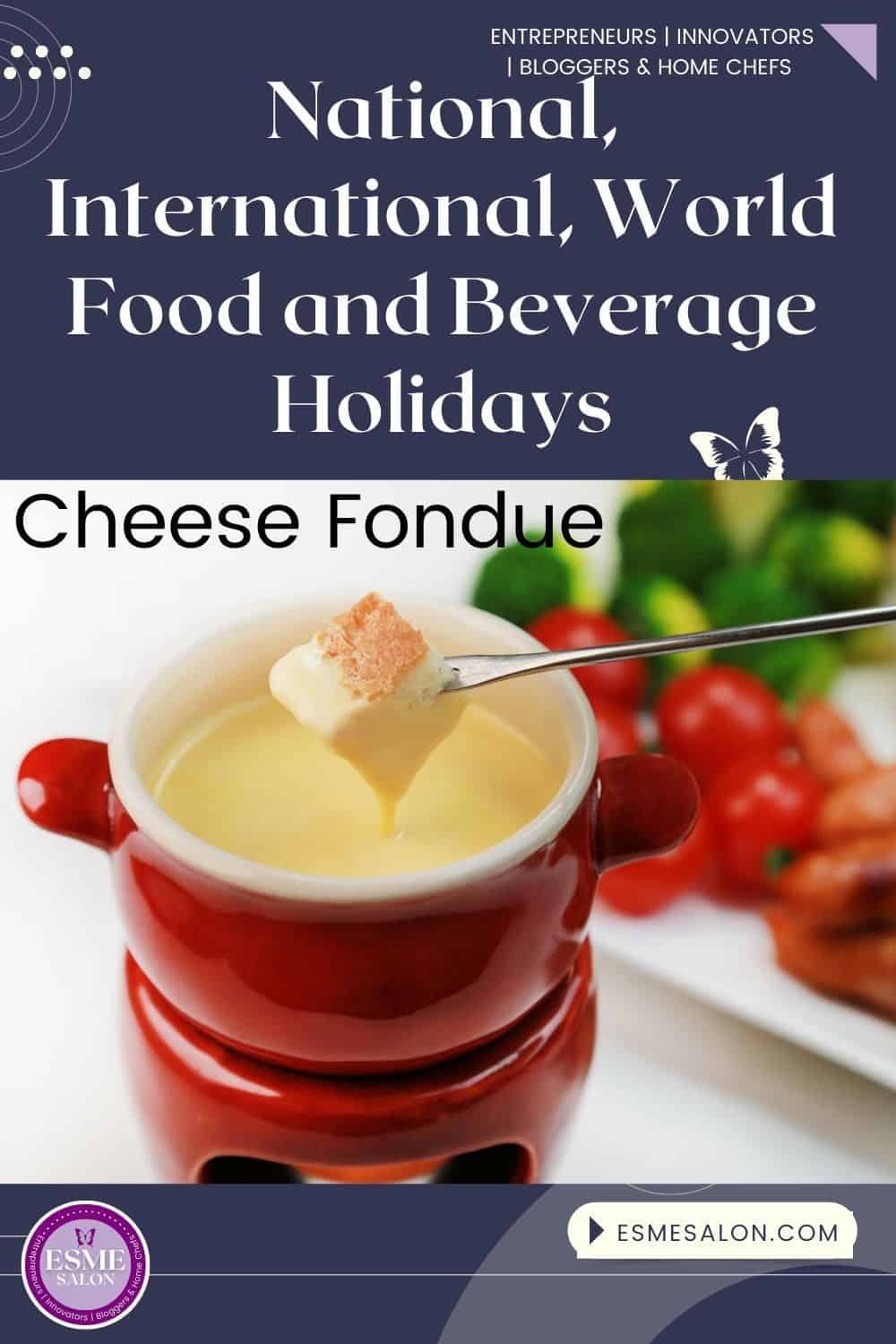 An image of a red fondue pot filled with Cheese Fondue 