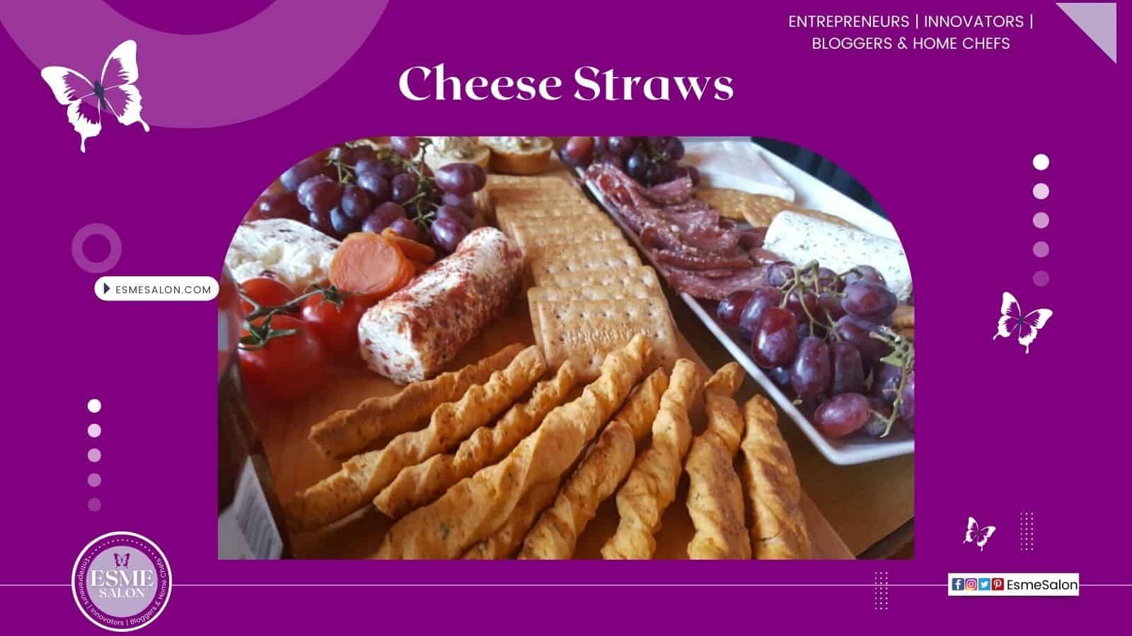 An image of a platter with Cheese Straws, cheese, grapes and crackers