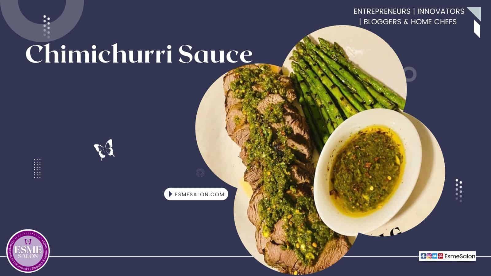 an image of Chimichurri Sauce on steak with a side of asparagus