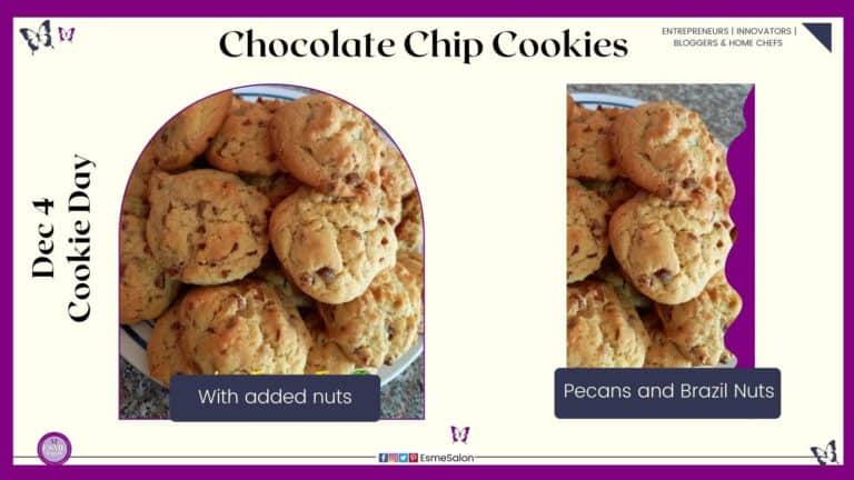 an image of a plate filled with Chocolate Chip Cookies with pecans and brazil nuts added in the mixture