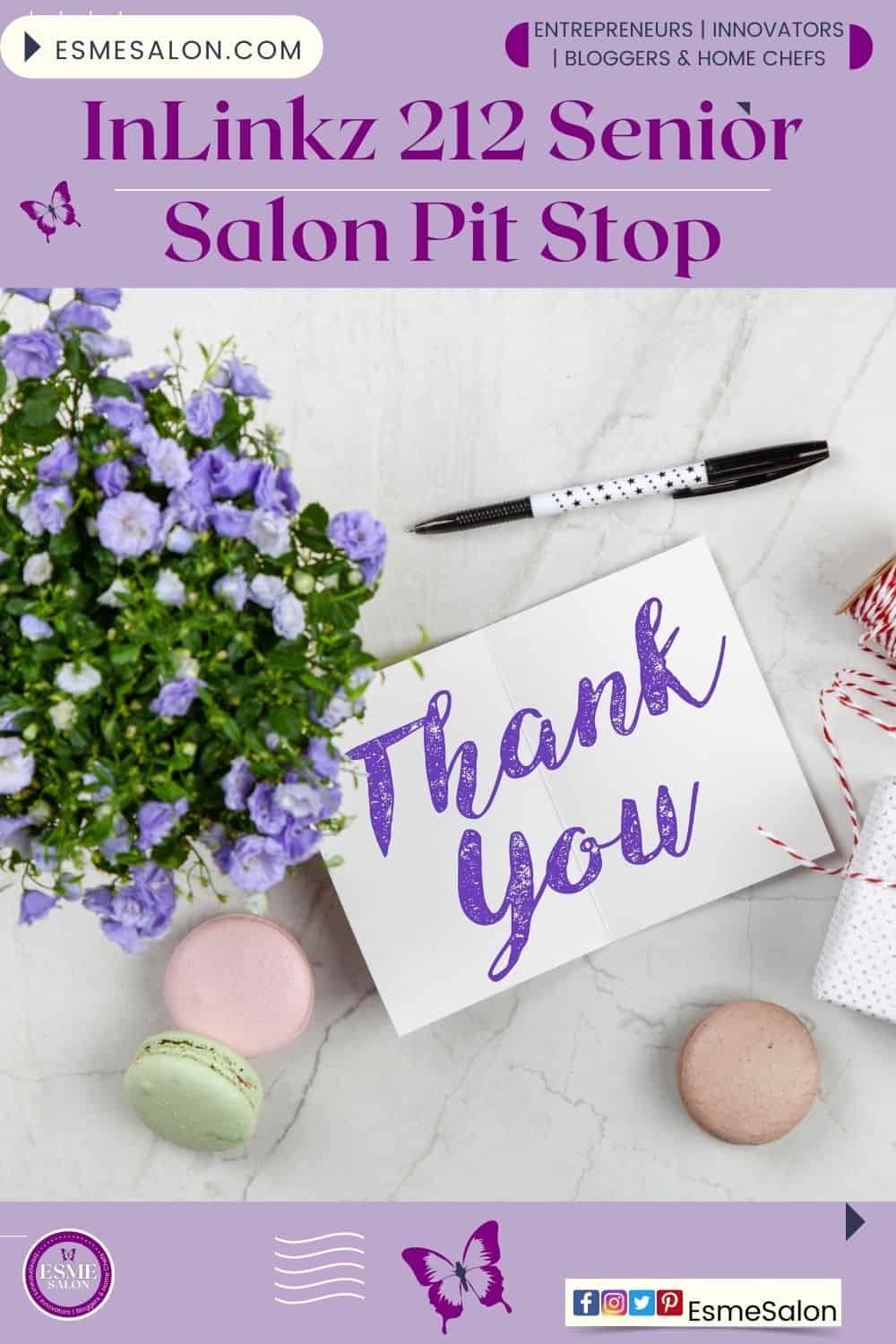 An image with a bowl of lilac flowers and greenery and a thank you card