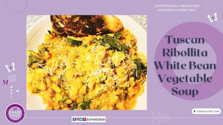 An image of a bowl filled with Tuscan Ribollita White Bean Vegetable Soup and a slice of bread