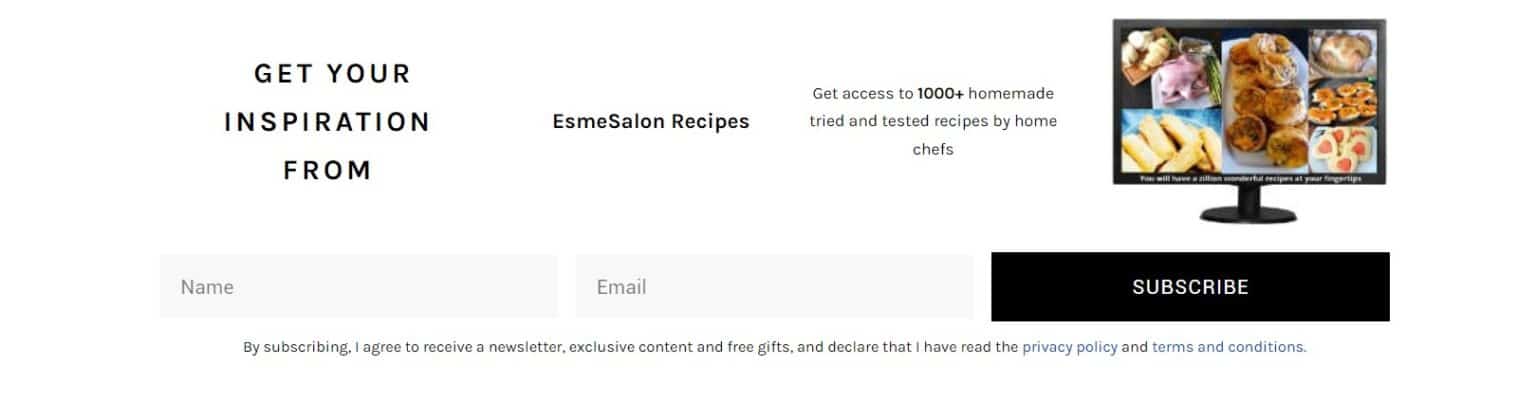 An image of the top of EsmeSalon to Signup, with an image of a black computer screen with various meal dishes and a Subscribe button in black and block to add your Name and Email address to signup for EsmeSalon Newsletters