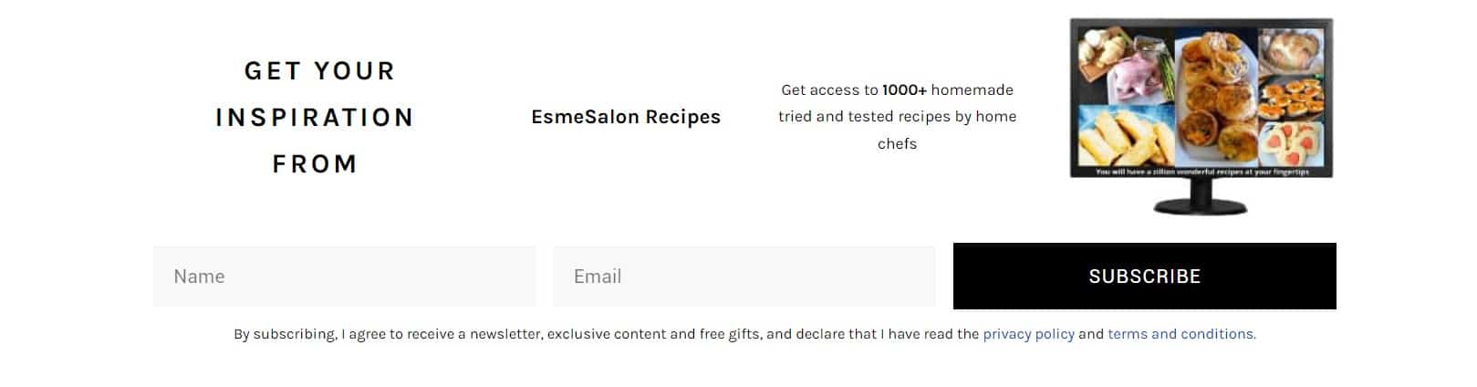 An image of the top of EsmeSalon to Signup, with an image of a black computer screen with various meal dishes and a Subscribe button in black and block to add your Name and Email address to signup for EsmeSalon Newsletters