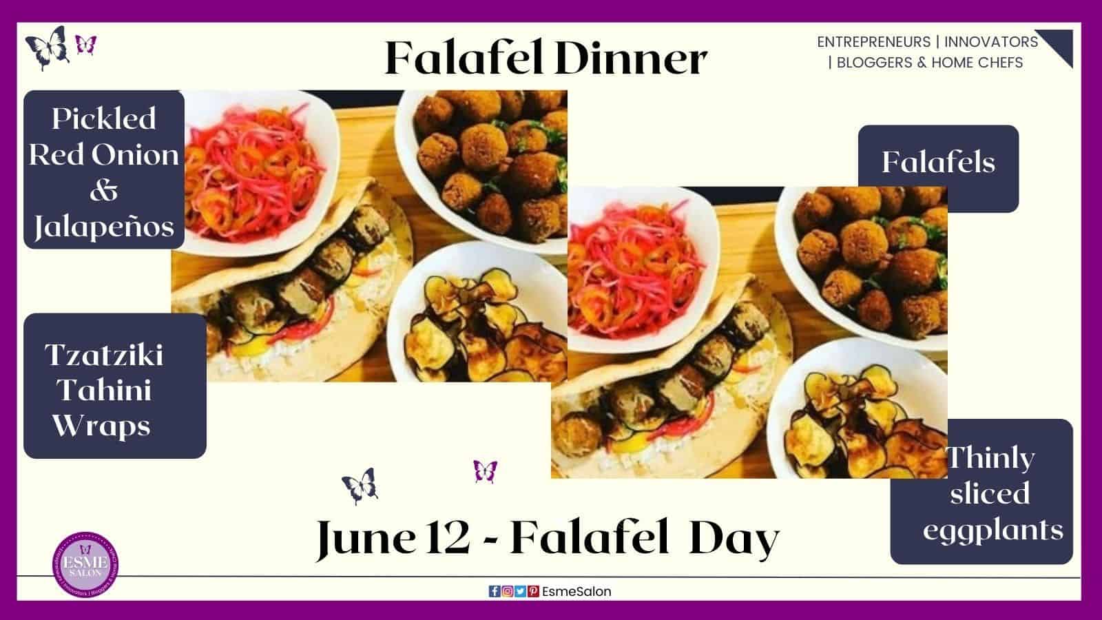 an image of Falafel balls with Pickled Red Onion & Jalapeños and Tahini