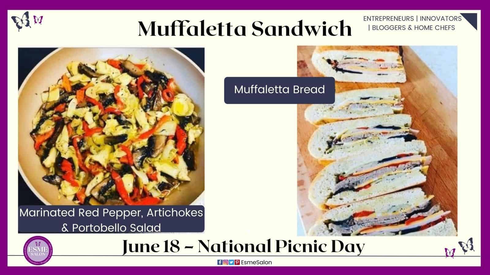 an image of Marinated Red Pepper, Artichokes & Portobello Salad on a Muffaletta Sandwich