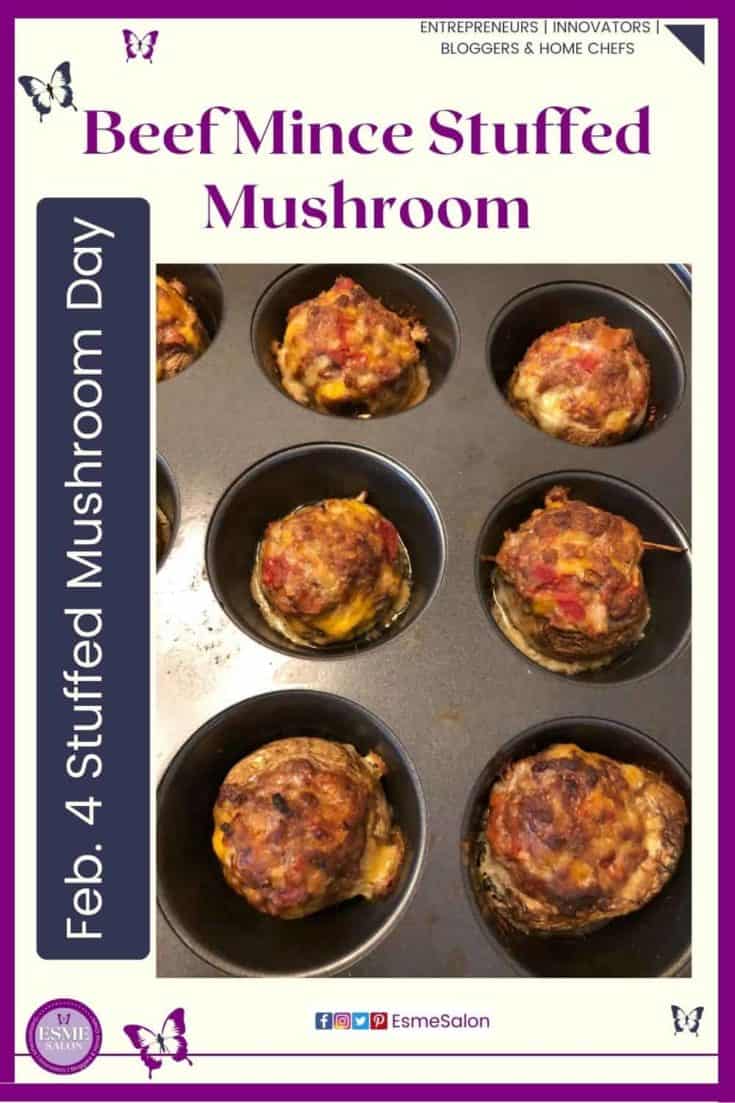 an image of a cupcake tray with mushrooms filled with beef mince filling