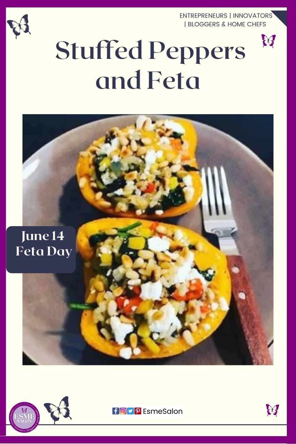 an image of two half Stuffed Peppers with Feta and pine nuts