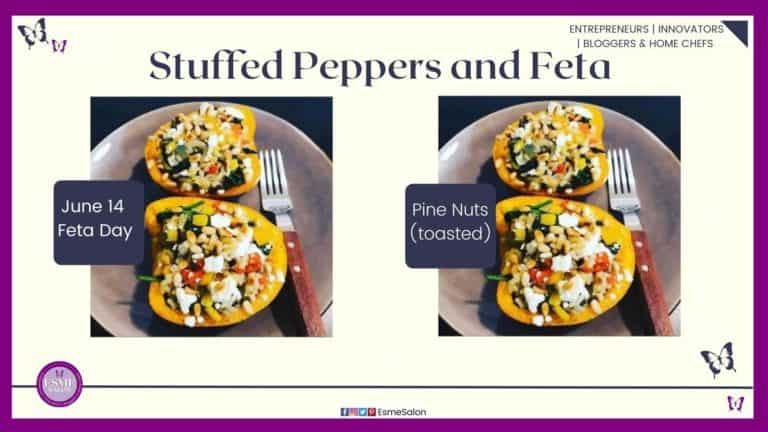 an image of two half Stuffed Peppers with Feta and pine nuts