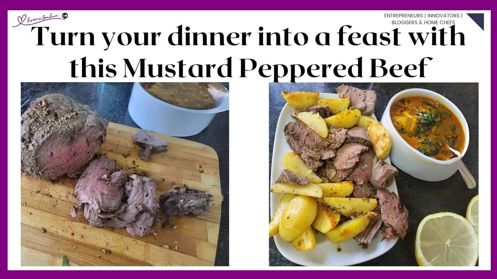 an image of Mustard Peppered Beef on a white platter with baked potato wedges