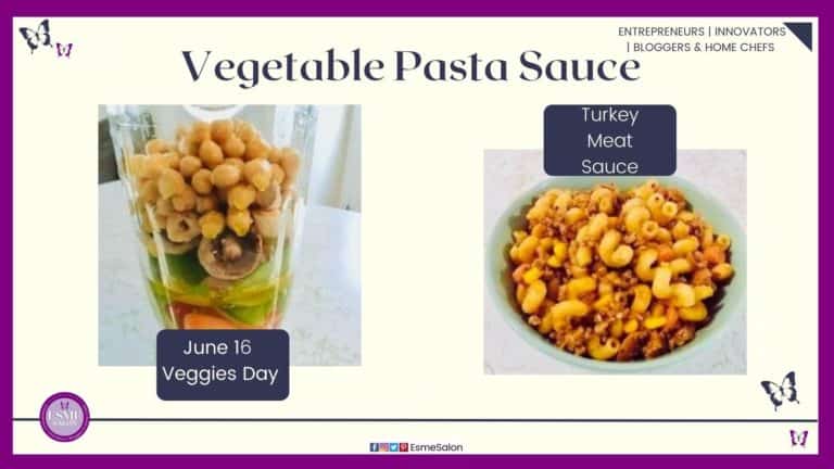 an image of a blender cup with veggies as well as a bowl of turkey meat with this vegetable sauce