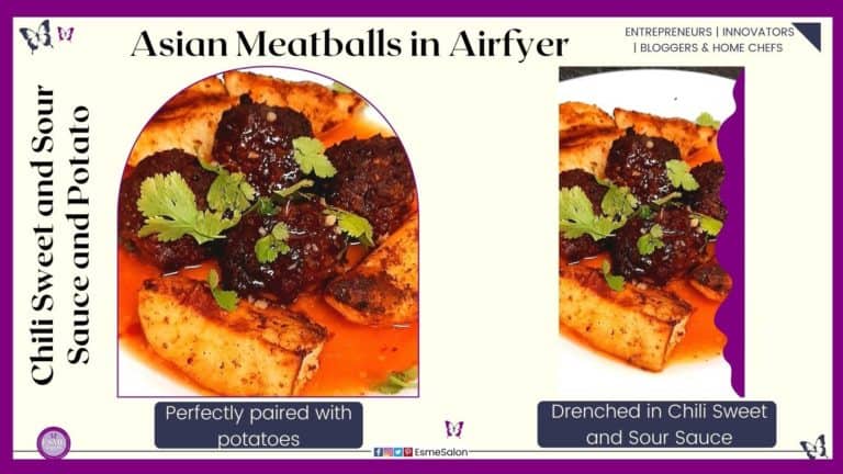 an image of meatballs with chili ssweet and sour sauce and potatoes