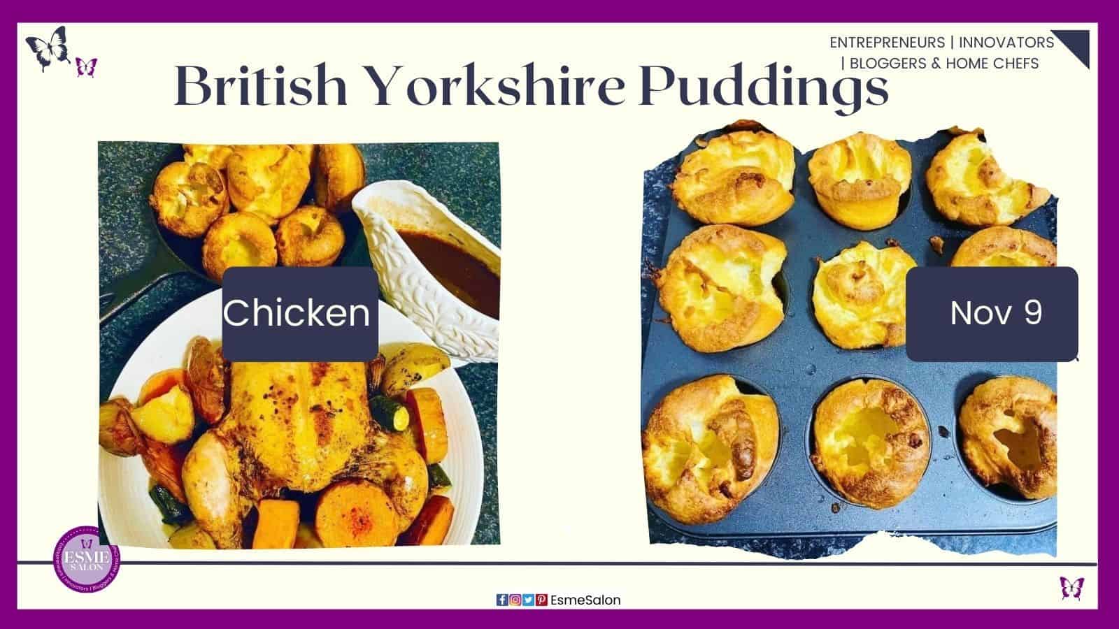 an image of a batch of British Yorkshire Puddings in a baking pan as well as plated with a roasted chicken