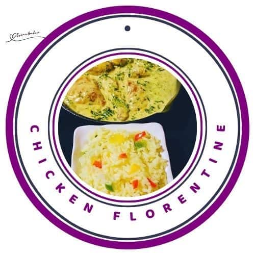 an image of a cast iron pan with Chicken Florentine and a side of rice