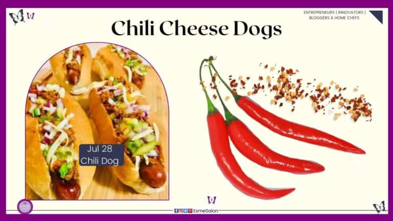 an image of 3 Homemade Chili Cheese Dogs on a wooden board