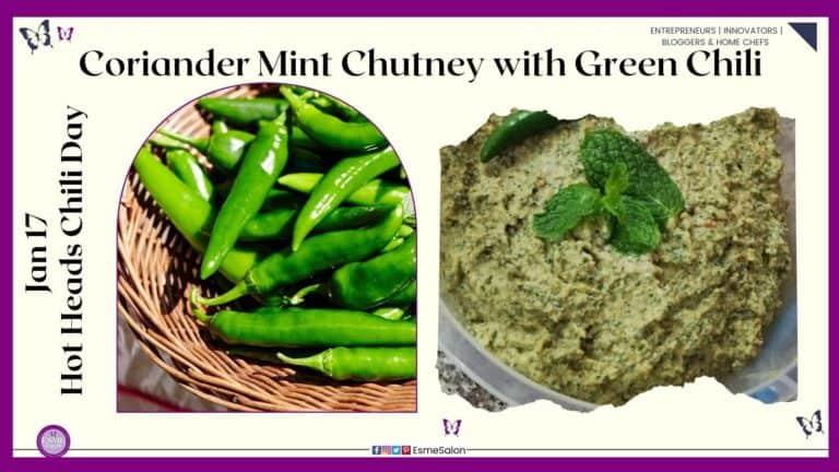 an image of a plastic container filled with Coriander Mint Chutney with a green chili on top