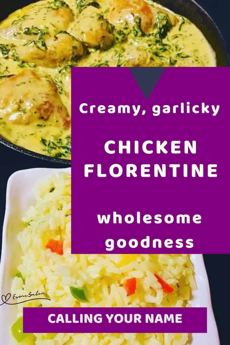 an image of a cast iron pan with Chicken Florentine and a side of rice
