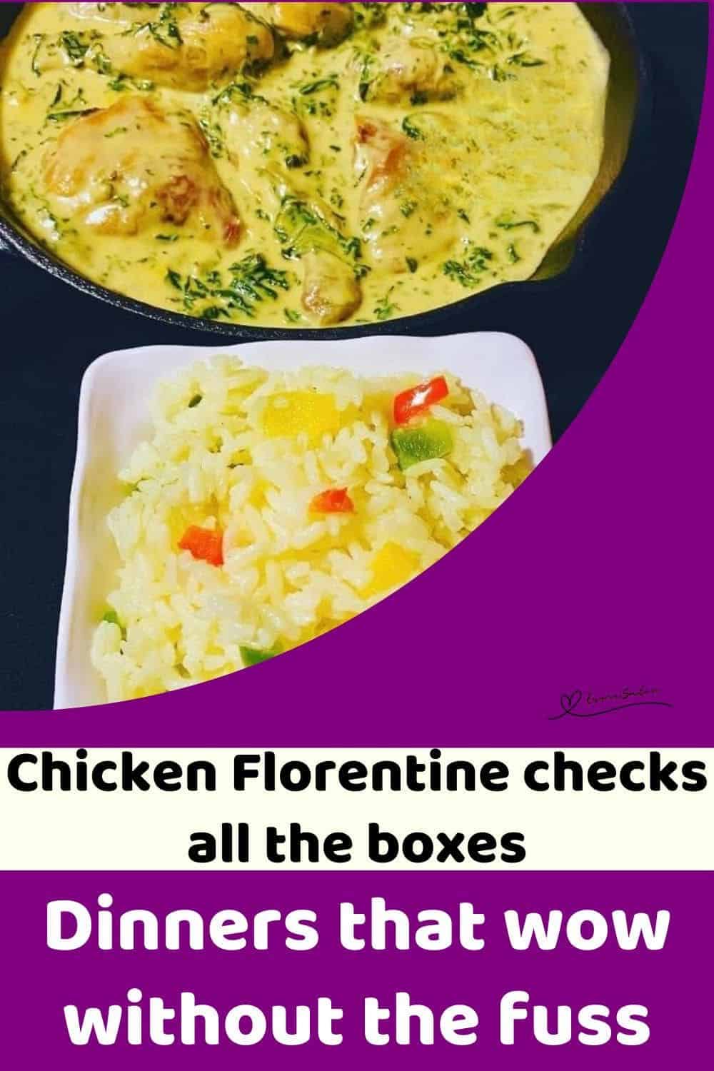 an image of a cast iron pan with Chicken Florentine and a side of rice