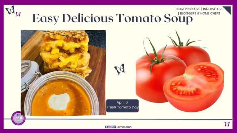 an image of a bowl of fresh tomato soup with a dollop of cream and toasted cheese sandwiches on the side