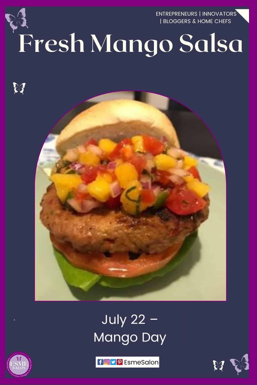 an image of Fresh Mango Salsa topped on a patty in a hamburger bun
