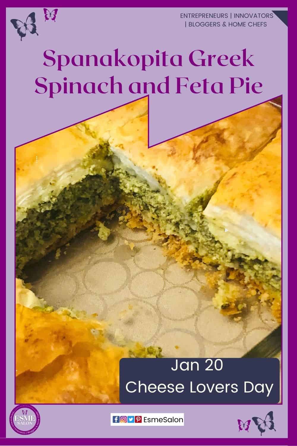 an image of a Spanakopita Greek Spinach and Feta Pie cut into cubes