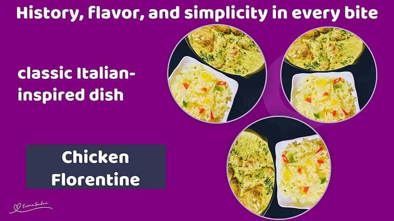 an image of a cast iron pan with Chicken Florentine and a side of rice