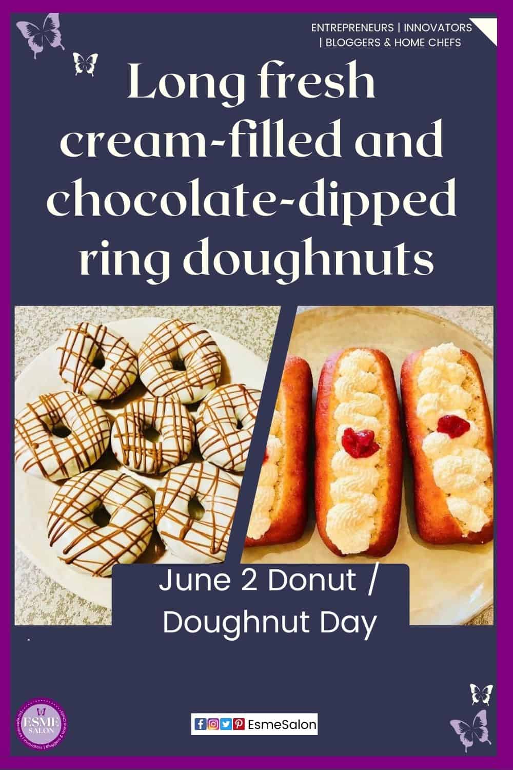 an image of long cream-filled and ring dipped chocolate donuts