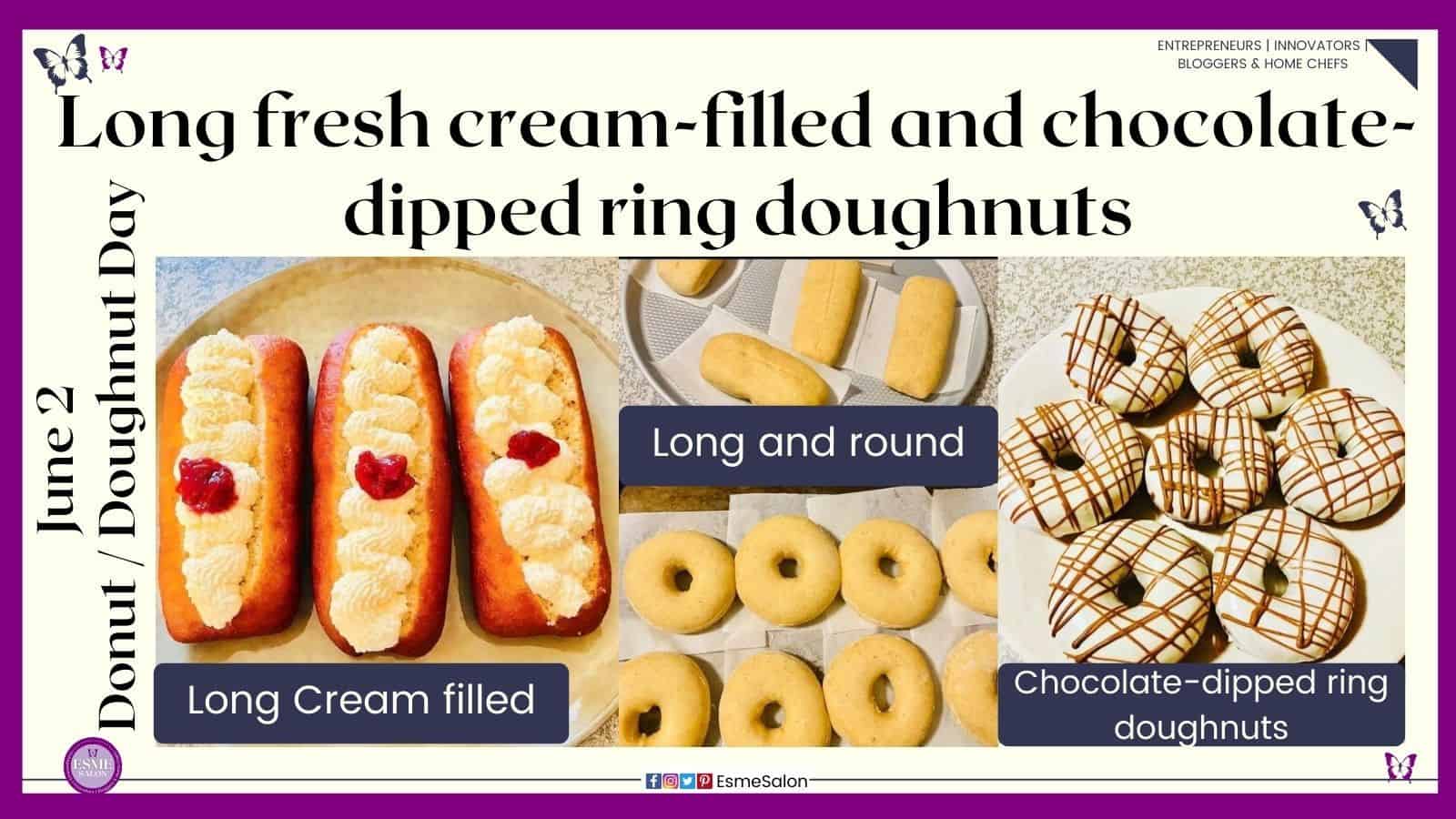 an image of long cream-filled and ring dipped chocolate donuts