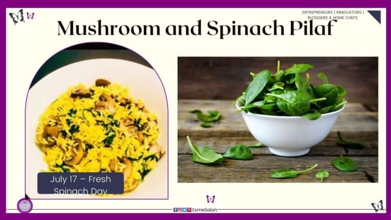 an image of a white bowl filled with Mushroom and Spinach Pilaf