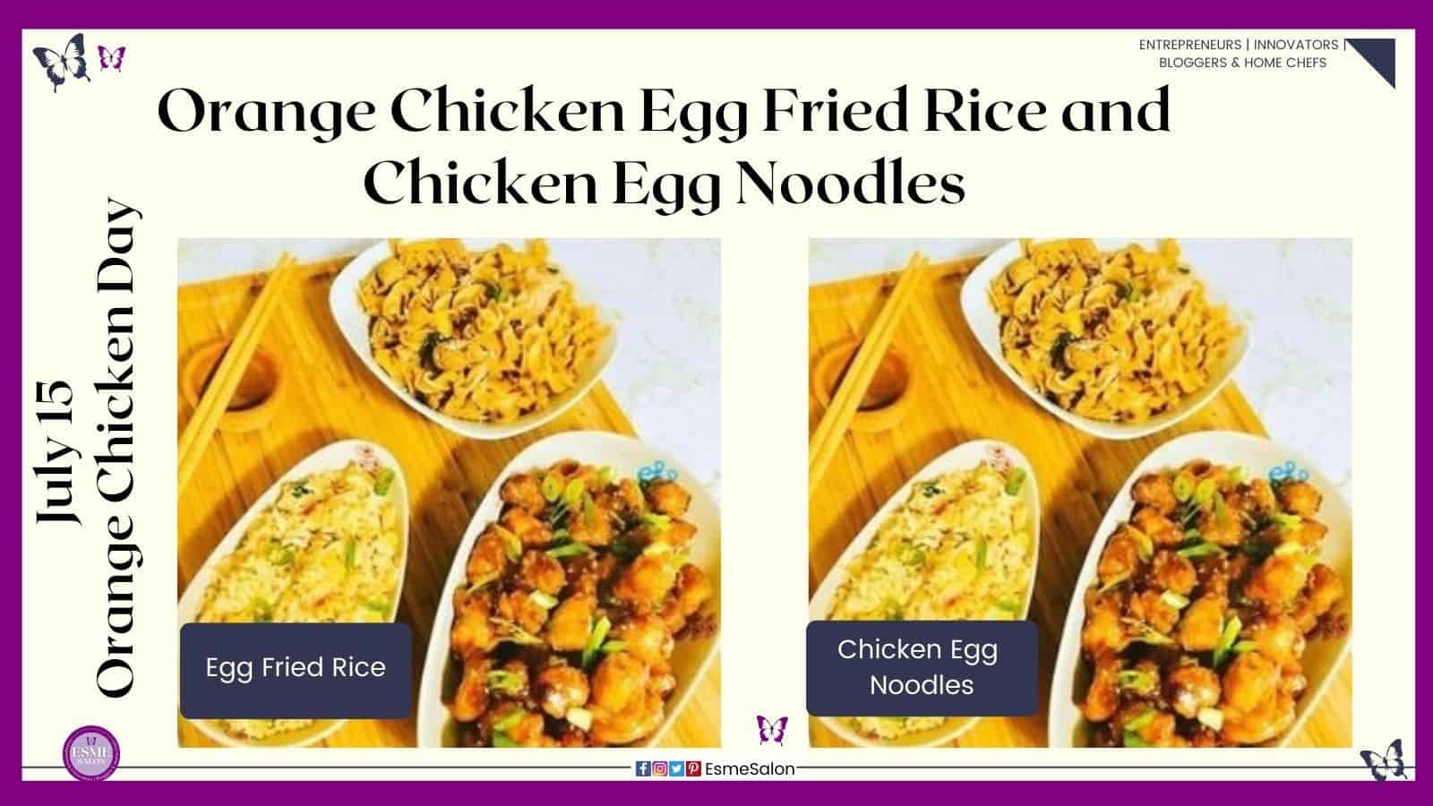 an image of Orange Chicken Egg Fried Rice and Chicken Egg Noodles