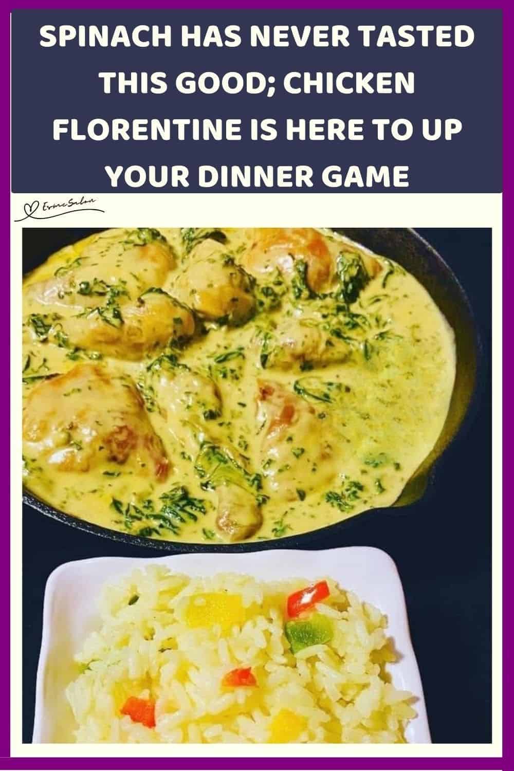 an image of a cast iron pan with Chicken Florentine and a side of rice