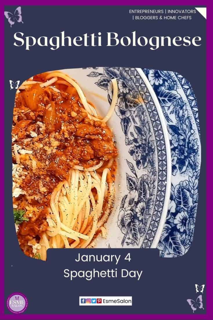 an image of a blue delft plate filled with Traditional Classic Spaghetti Bolognese