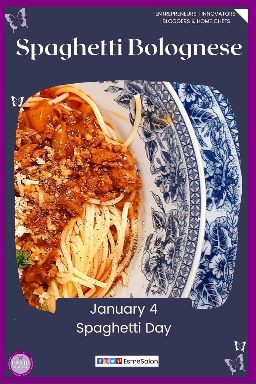 an image of a blue delft plate filled with Traditional Classic Spaghetti Bolognese
