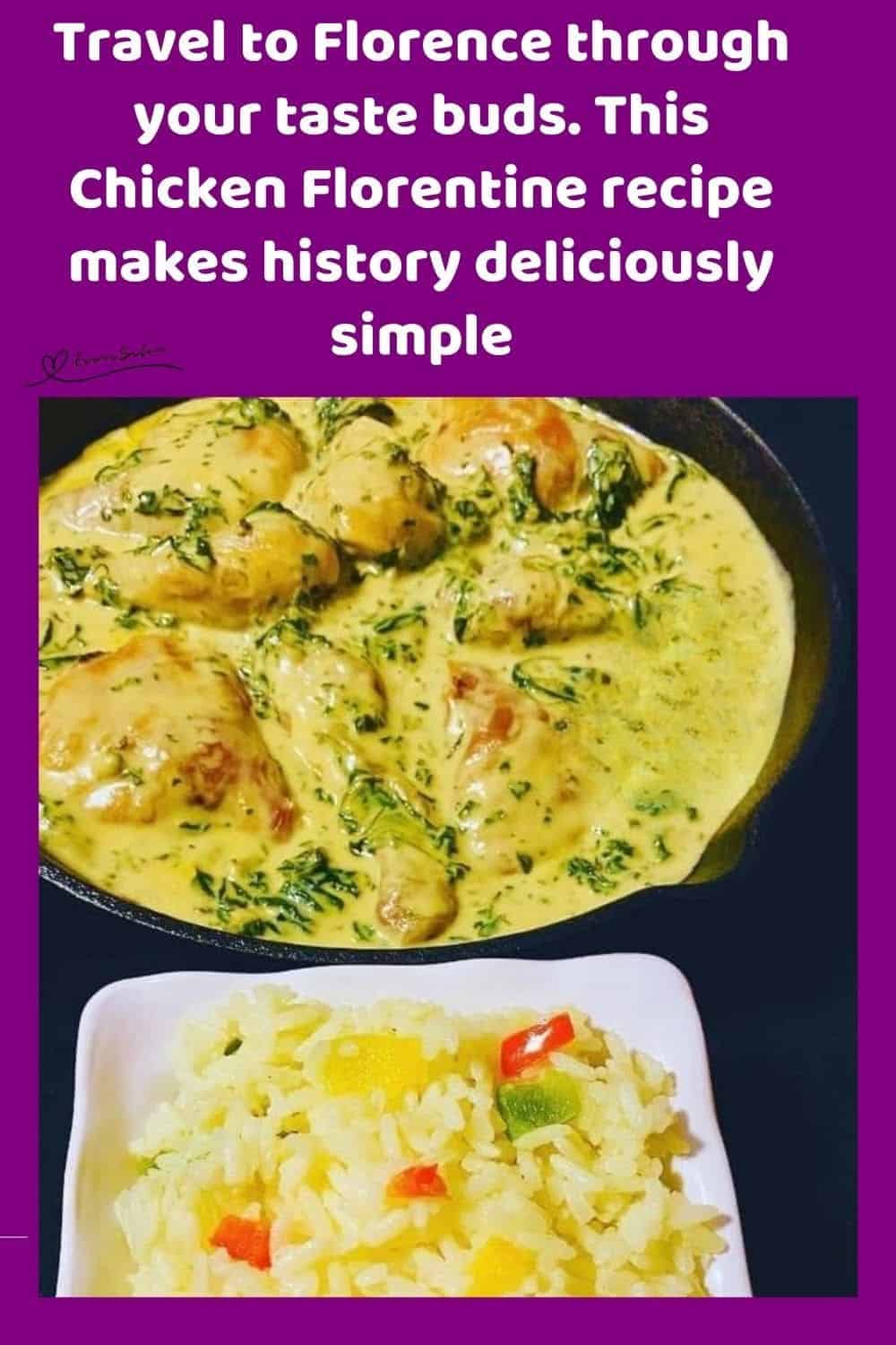 an image of a cast iron pan with Chicken Florentine and a side of rice
