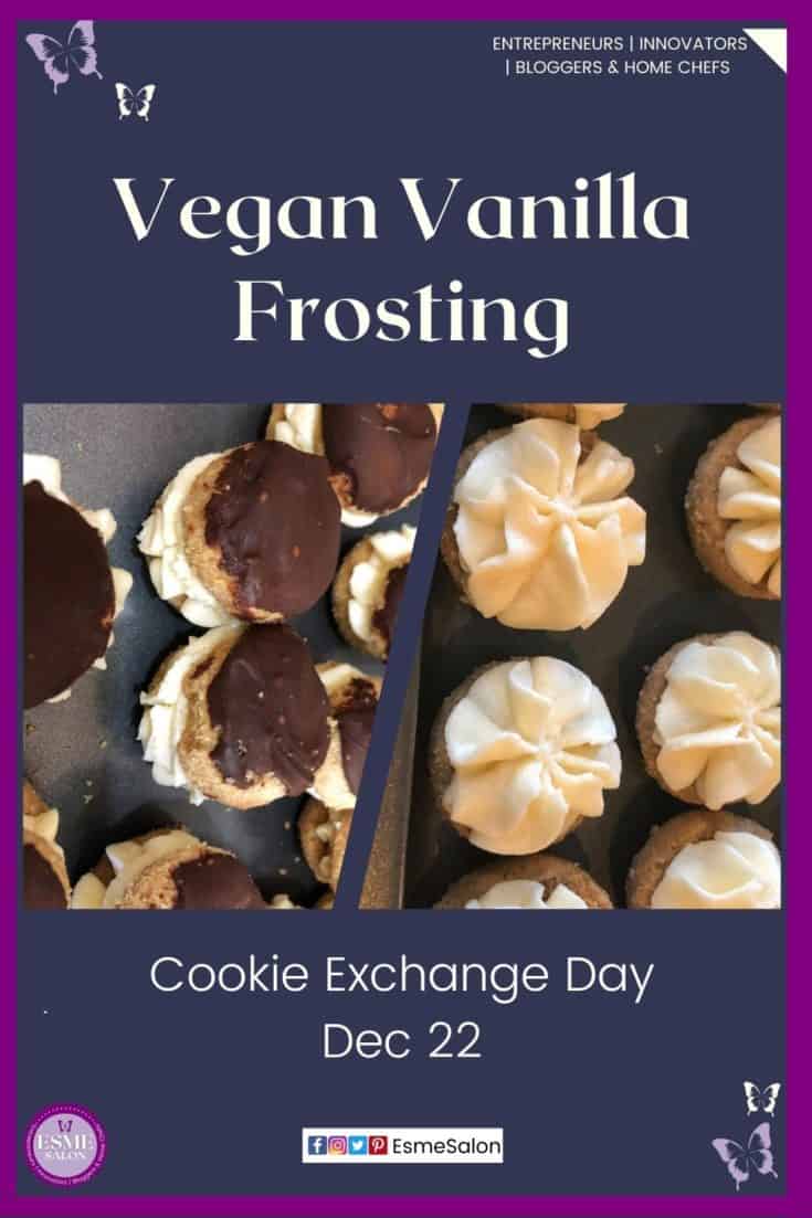 an image of vegan snickerdoodle cookies with vegan frosting and vegan chocolate