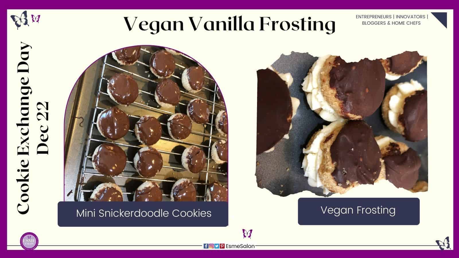 an image of vegan snickerdoodle cookies with vegan frosting and vegan chocolate