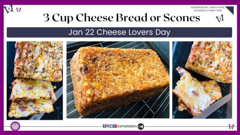 an image of a full 3 Cup Cheese Bread as well as one sliced and buttered