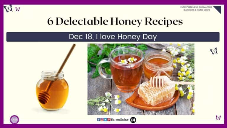 an image of a pot of honey, as well as cups of honey tea and honey comb